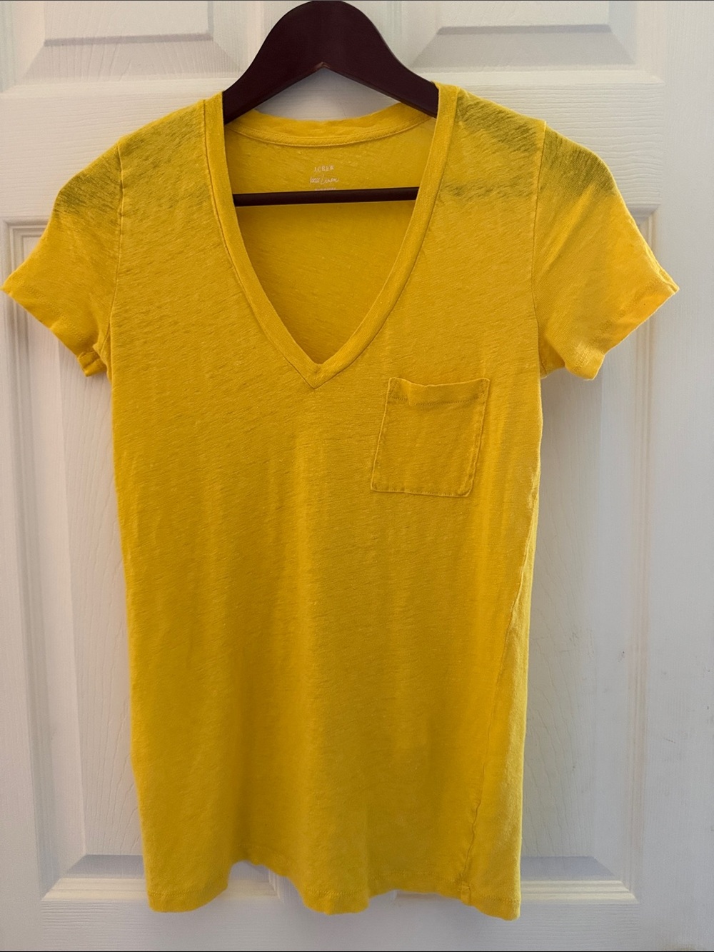 J. Crew 100% Linen Women's Yellow V-Neck Fitted Pocket Tee